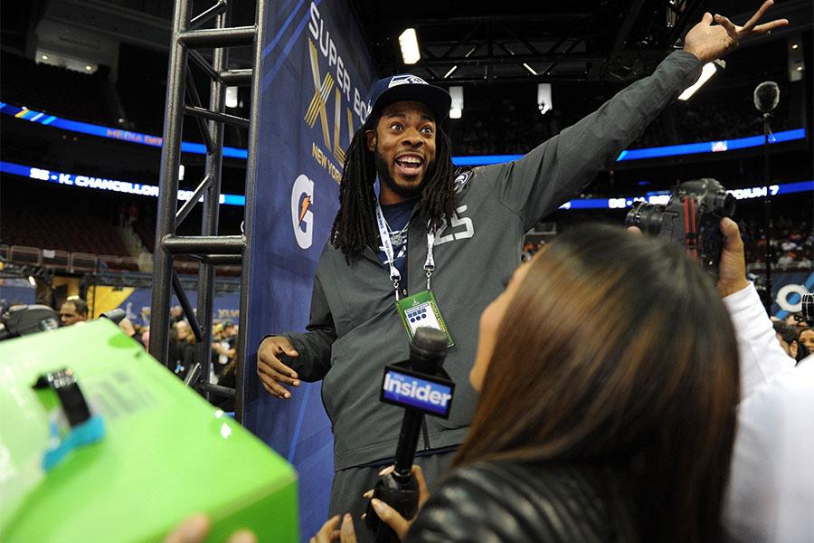 Richard Sherman cornerback for the Seattle Seahawks. Sherman has been very vocal in press conferences concerning his performance and the Super Bowl.