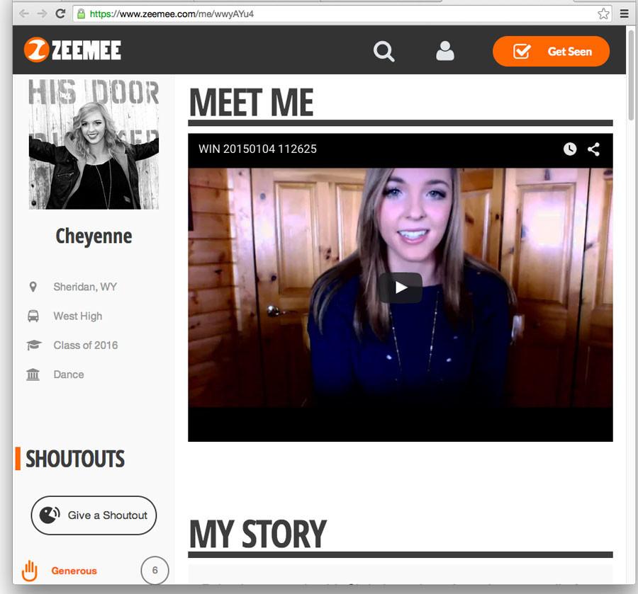 Cheyenne Buyerts page on ZeeMee is complete with a video, photos, and accomplishments, so that colleges will know Buyert in a more personal matter