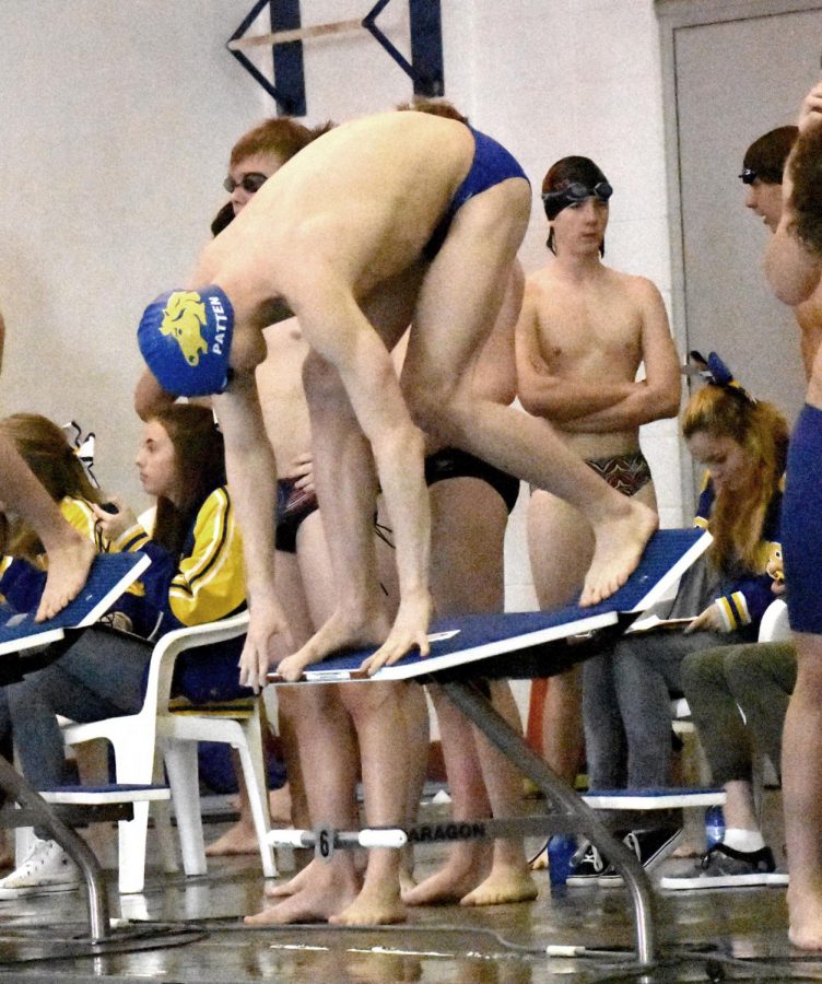 Patten takes his mark for one of his final races in the Sheridan Junior High School pool. (Photo Bailey Hanson)