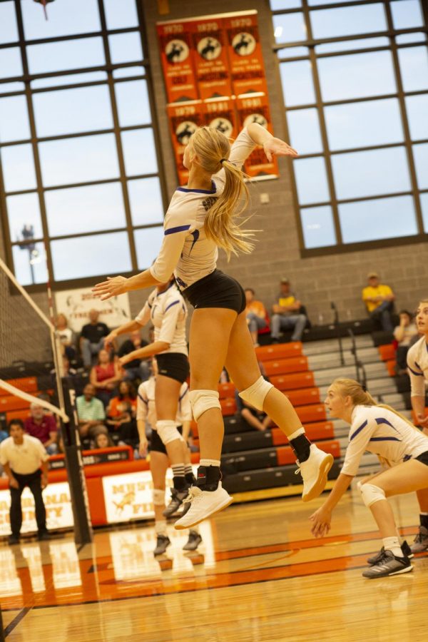 Senior Katie Ligocki jumps to strike the volleyball