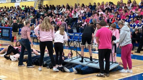 During the homecoming pep-assembly, sophomore students race to beat not only the other grades, but the teachers as well. 
